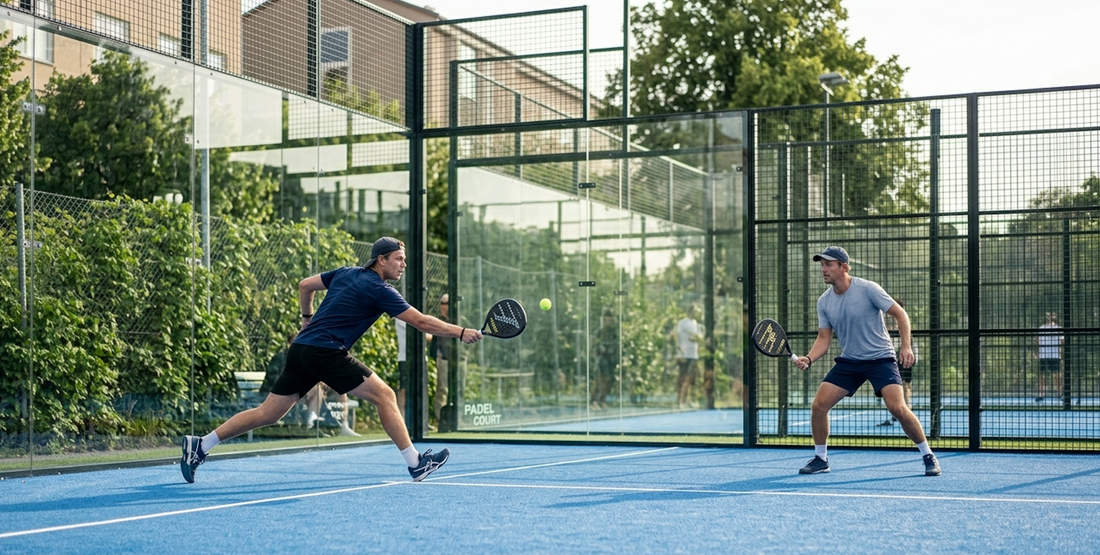 Two guys playing padel with Bullpadel rackets