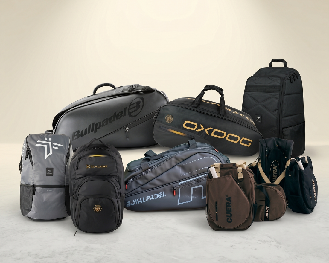 A collection of padel bags and backpacks from Oxdog, Bullpadel, Cuera, and Royal Padel