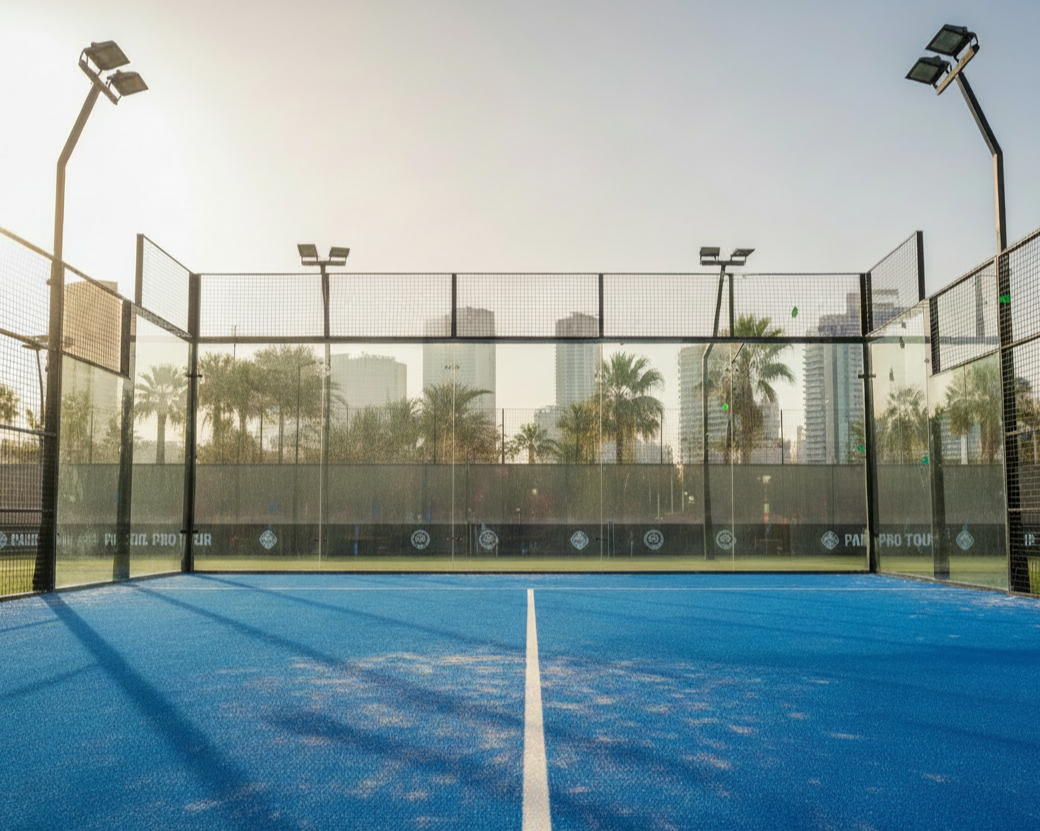 outdoor padel court with blue grass