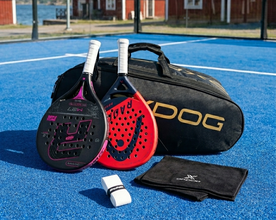 A black Oxdog padel bag with thermal protection on a blue outdoor court, featuring a Royal Padel M27 and Head Radical racket. A single white YouPadel overgrip and a black Oxdog towel are placed in the foreground.